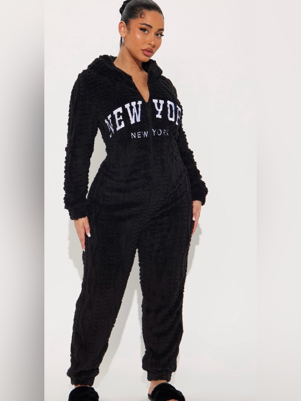 Fashionova: New York Plush Hooded PJ Jumpsuit Onesie - Black